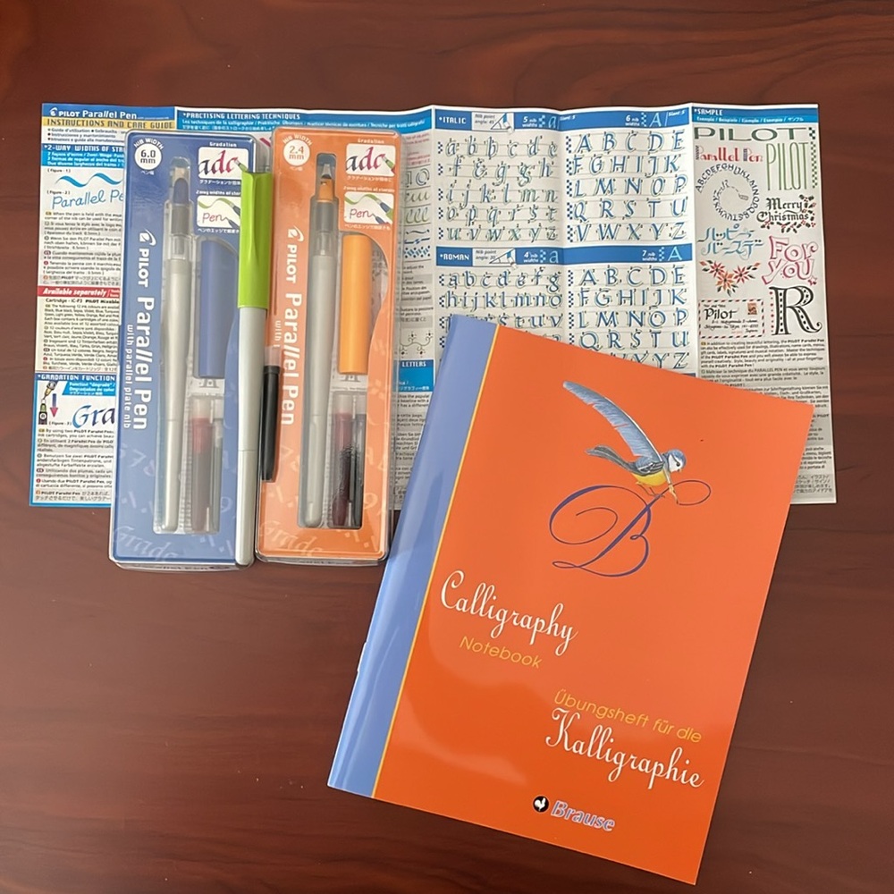 Pilot Parallel Calligraphy Pen Set with handwriting workbook and E+M dip pen